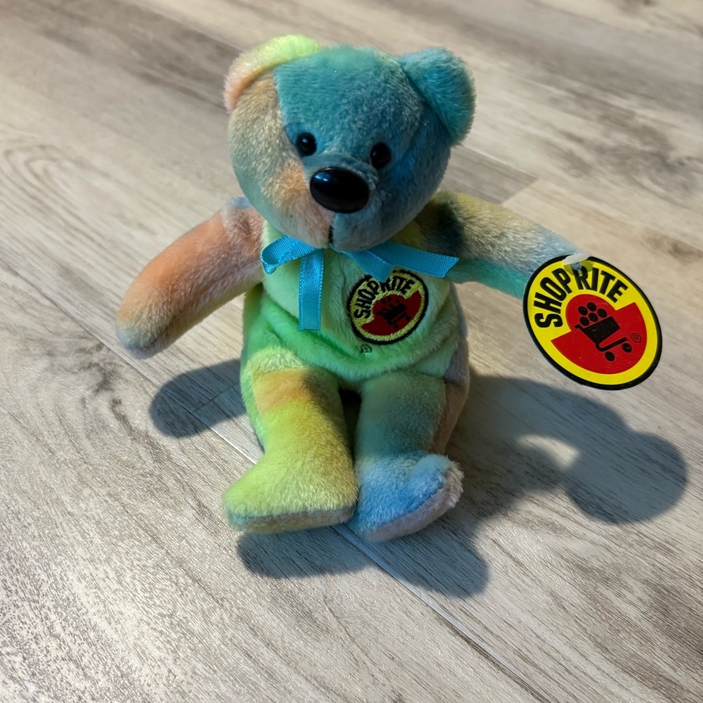1998 ShopRite Colorful Tie Dye Beanie Scrunchy Bear NWT